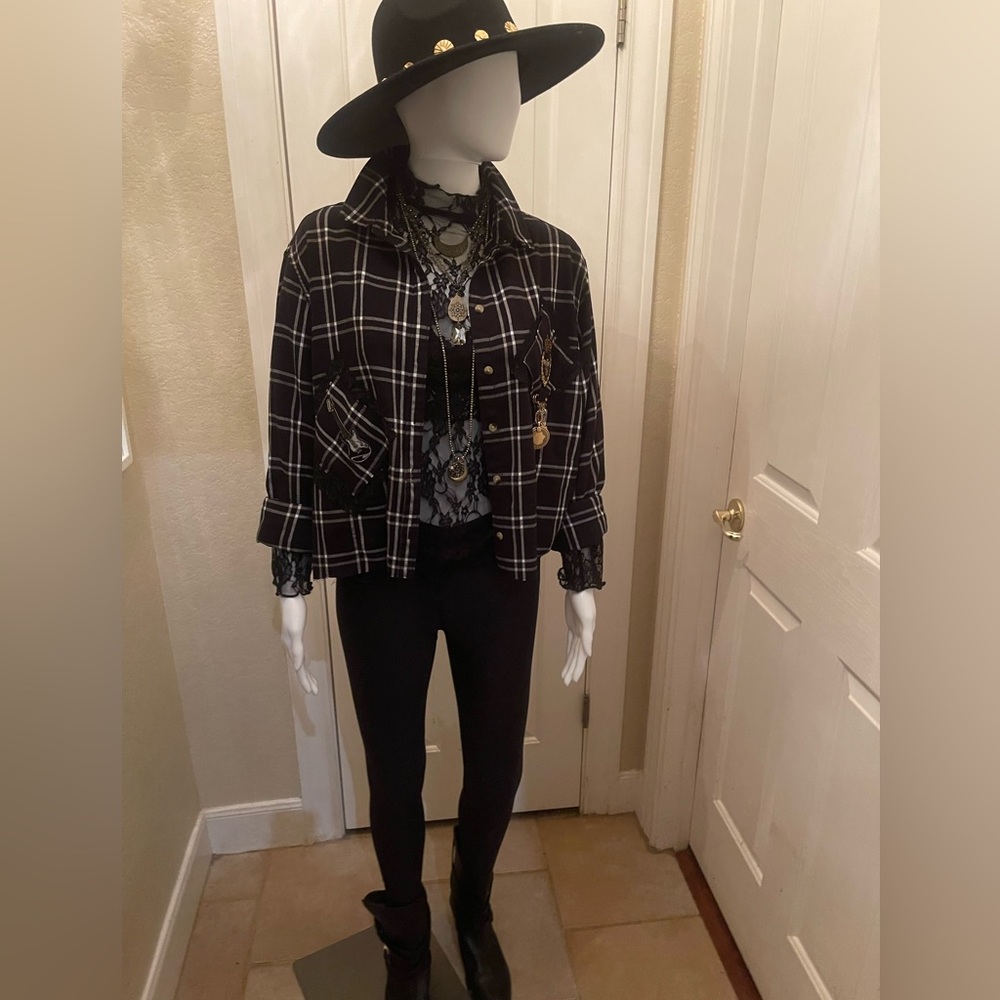 One of a Kind Plaid Jacket featuring The Ramones (with NWT Free People brooch)